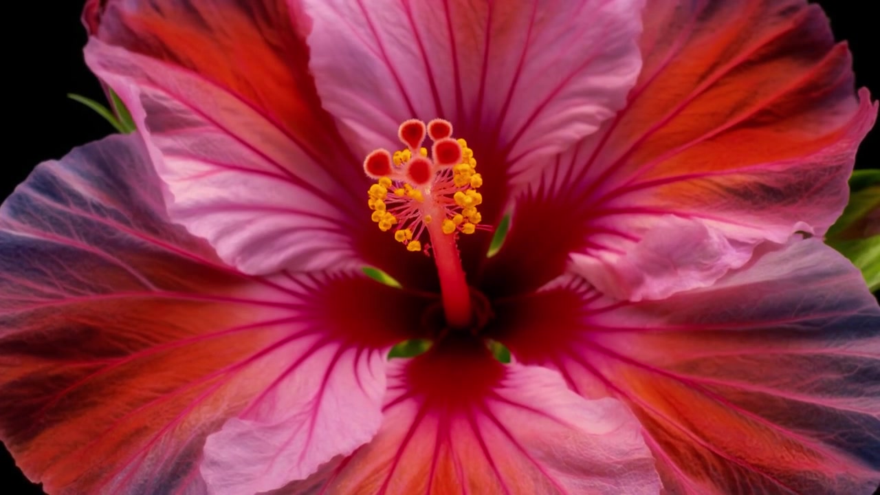 Time-lapse di un vibrante fiore di ibisco rosso in fioritura