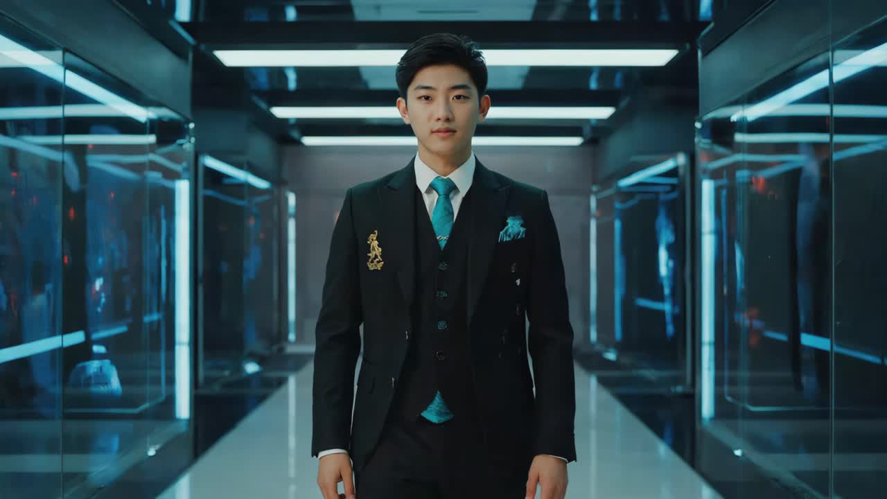 Confident Asian Businessman in Futuristic Hallway