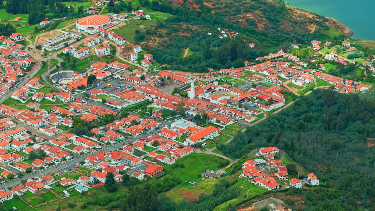 Aerial view overlooking the townscape of Guatavita in Cundinamarca, Colombia