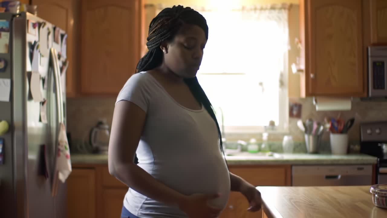 A Expectant Mother Reflects and Connects: Moments of Anticipation in a Cozy Kitchen Setting, Embracing the Journey of Pregnancy Through Joyful Awareness and Celebration