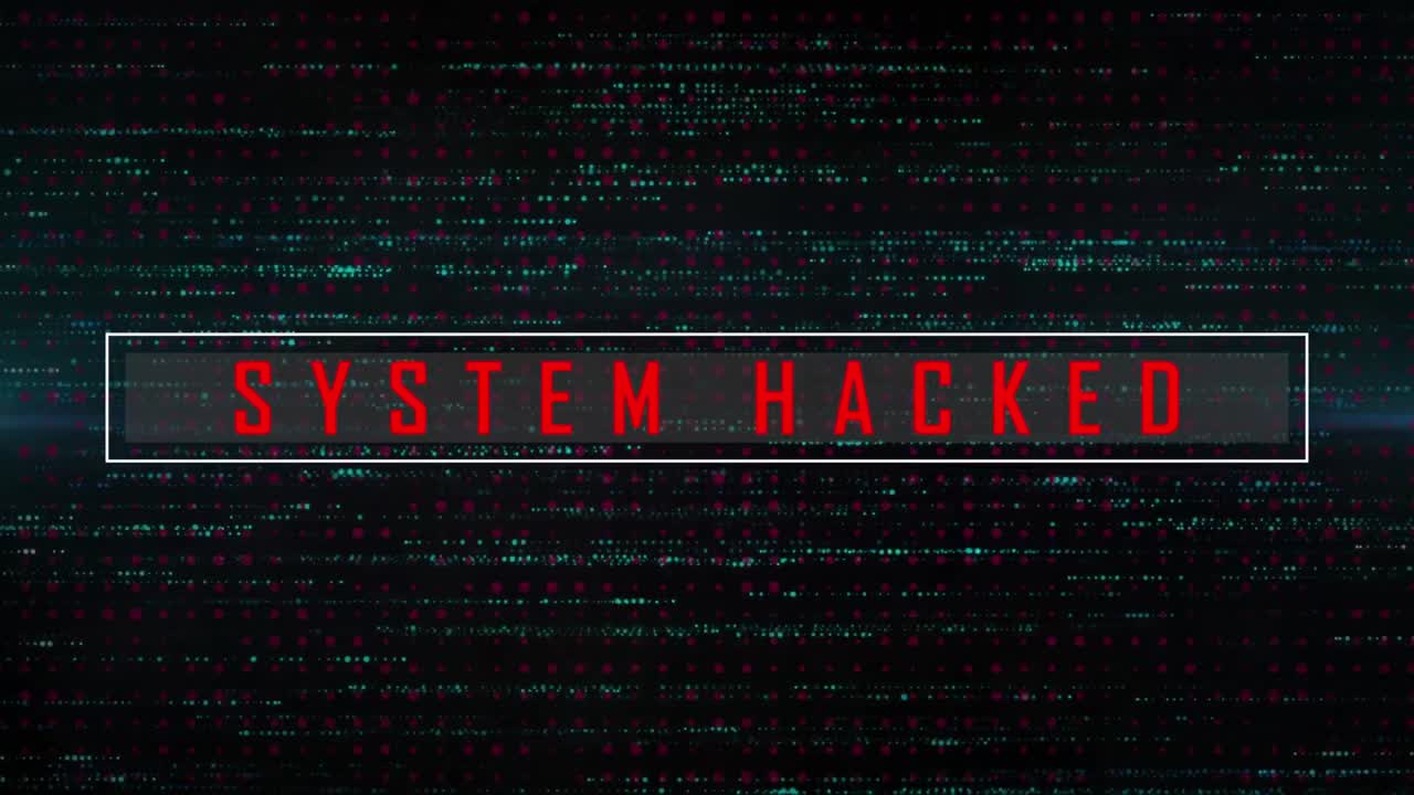 Animation of data processing and system hacked text on black background