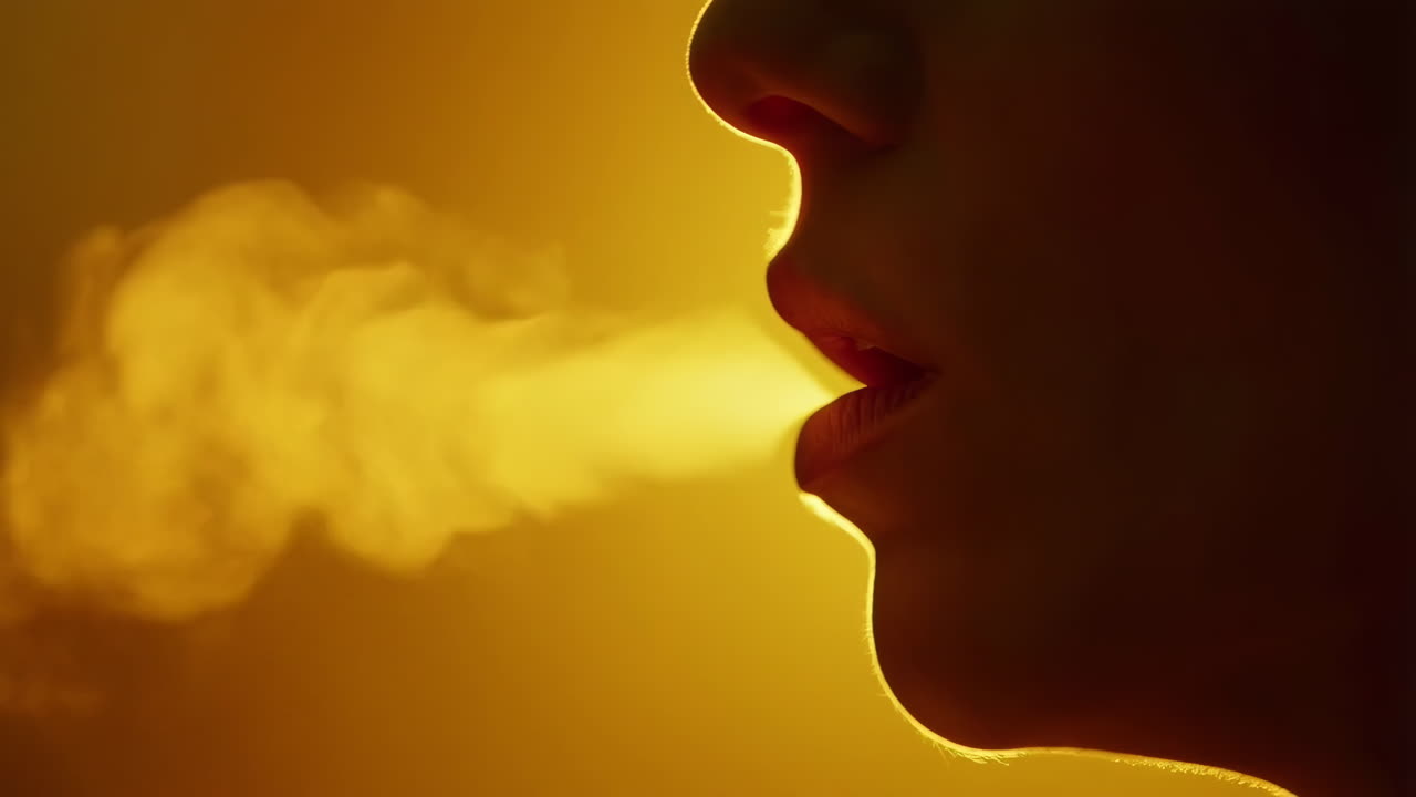Silhouette of a person exhaling vapor against a glowing yellow background