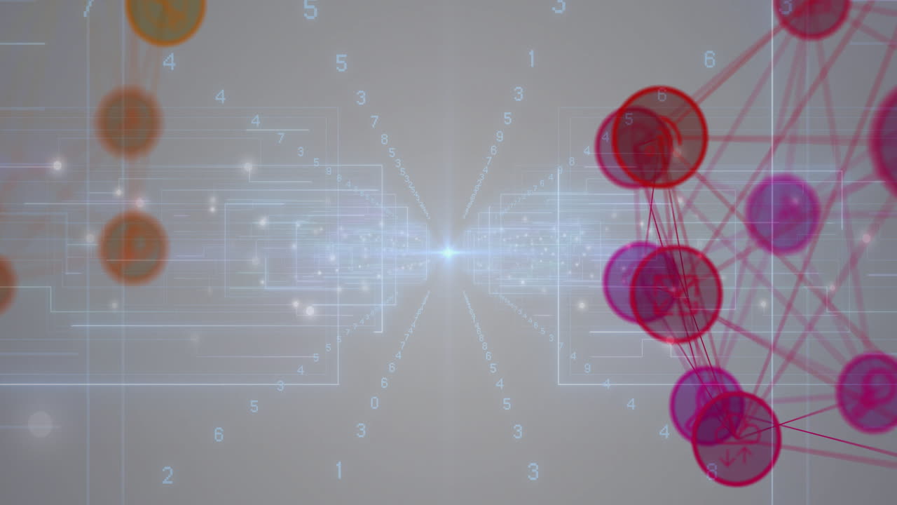 Animation of geometric patterns and numbers visualizing data on digital network