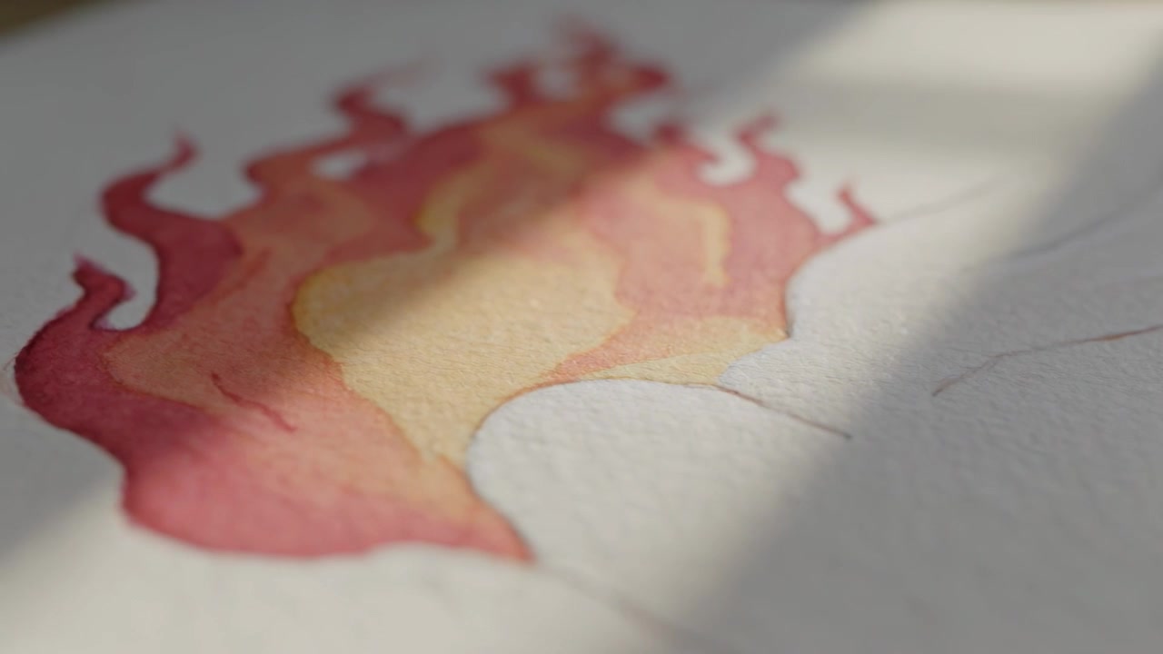 Shifting sun through blinds casting diagonal shadow over watercolor flame at window, pencil heart