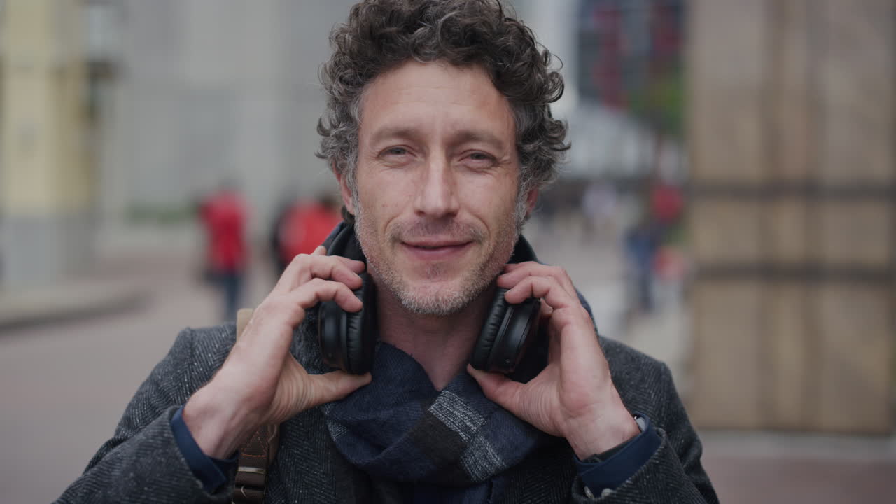 초상화: 매력적인 성숙한 사업가가 헤드폰을 벗고 웃으며 편안한 도시 출퇴근 라이프 스타일을 즐기고 도시 거리에서 음악을 듣고 느린 동작