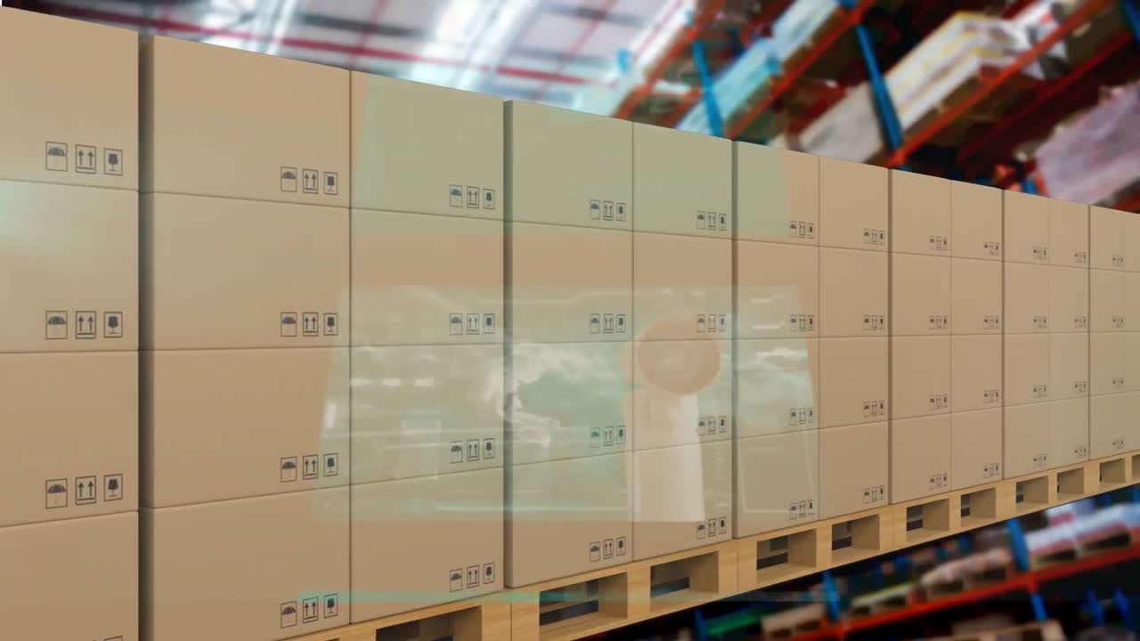 배경에서 컨베이어 벨트에 있는 카드보드 상자 위에서 통계 처리의 애니메이션