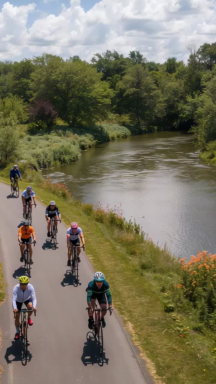 Vidéo verticale : drone suivant un groupe s’entraînant sur une piste longeant la rivière, portant des maillots. Espace de copie