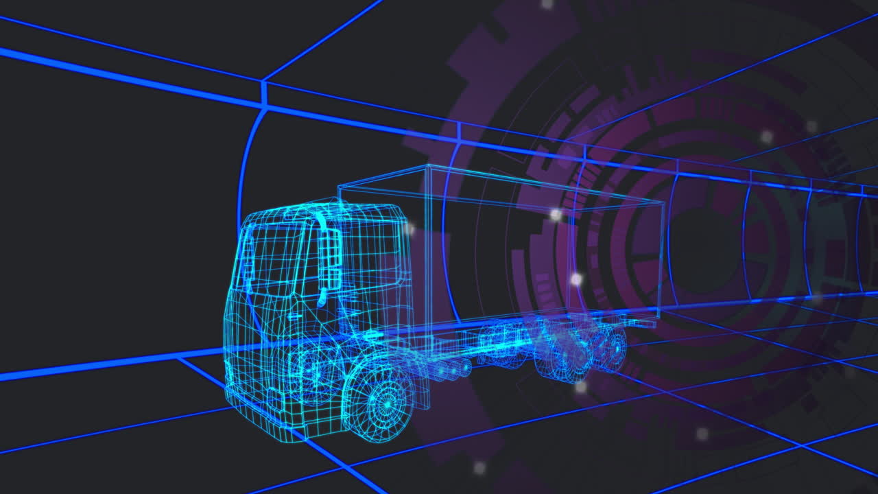 Animation of futuristic truck wireframe design with digital grid background