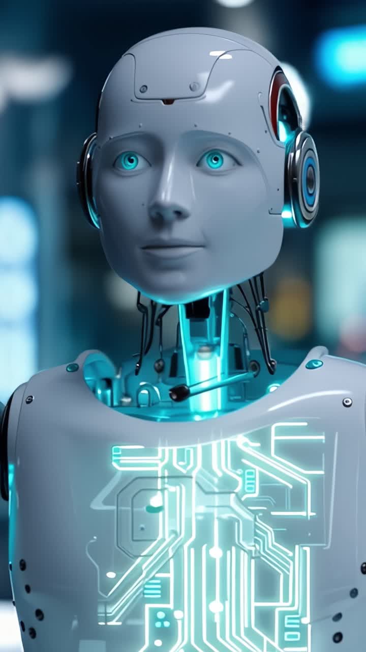 A futuristic humanoid robot showcasing advanced technology, displaying intricate circuitry and a serene expression while meditating thoughtfully in a modern environment