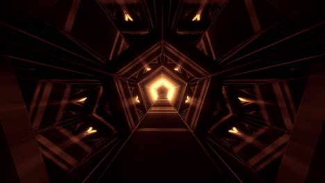 Gold-lit-pentagon-shaped-tunnel-with-bright-path-in-futuristic-hall-way-architecture,-3d-cgi-rendered-graphic-animation