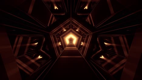 gold lit pentagon shaped tunnel with bright path in futuristic hall way architecture, 3d cgi rendered graphic animation