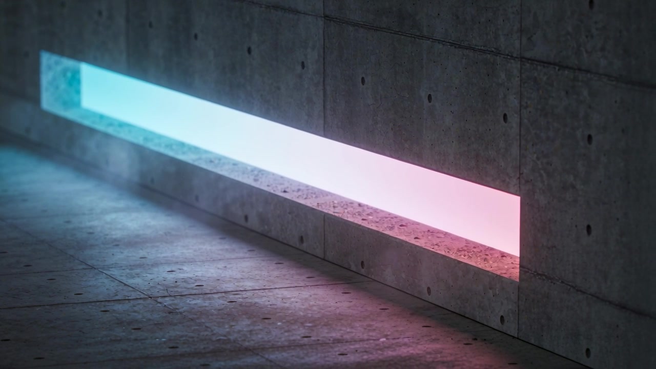 Timer starting pulsing recessed slot casting cyan-pink glow on concrete floor, creating calm