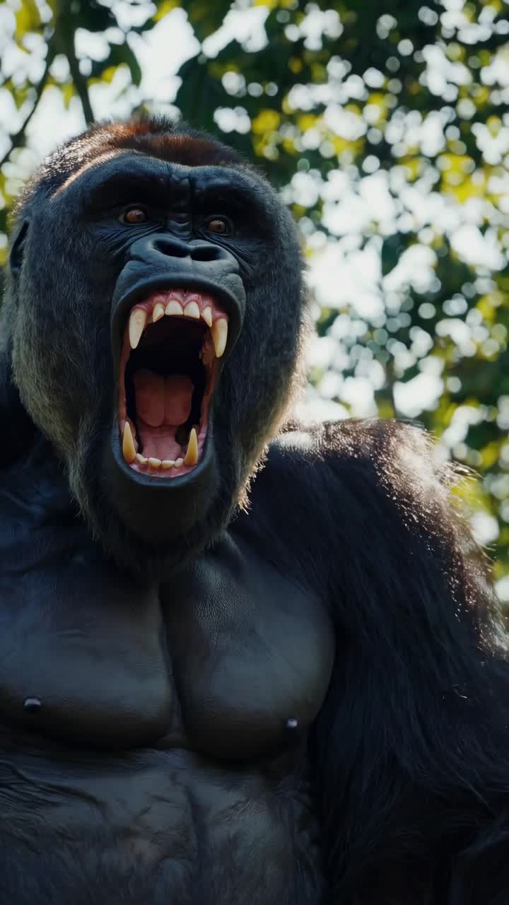 Video ravvicinato di un gorilla in una foresta lussureggiante, ripreso da un'angolazione bassa, che ne evidenzia la sua possente figura.