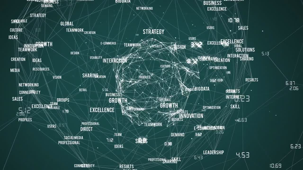 Animation of network of connections with business texts over globe