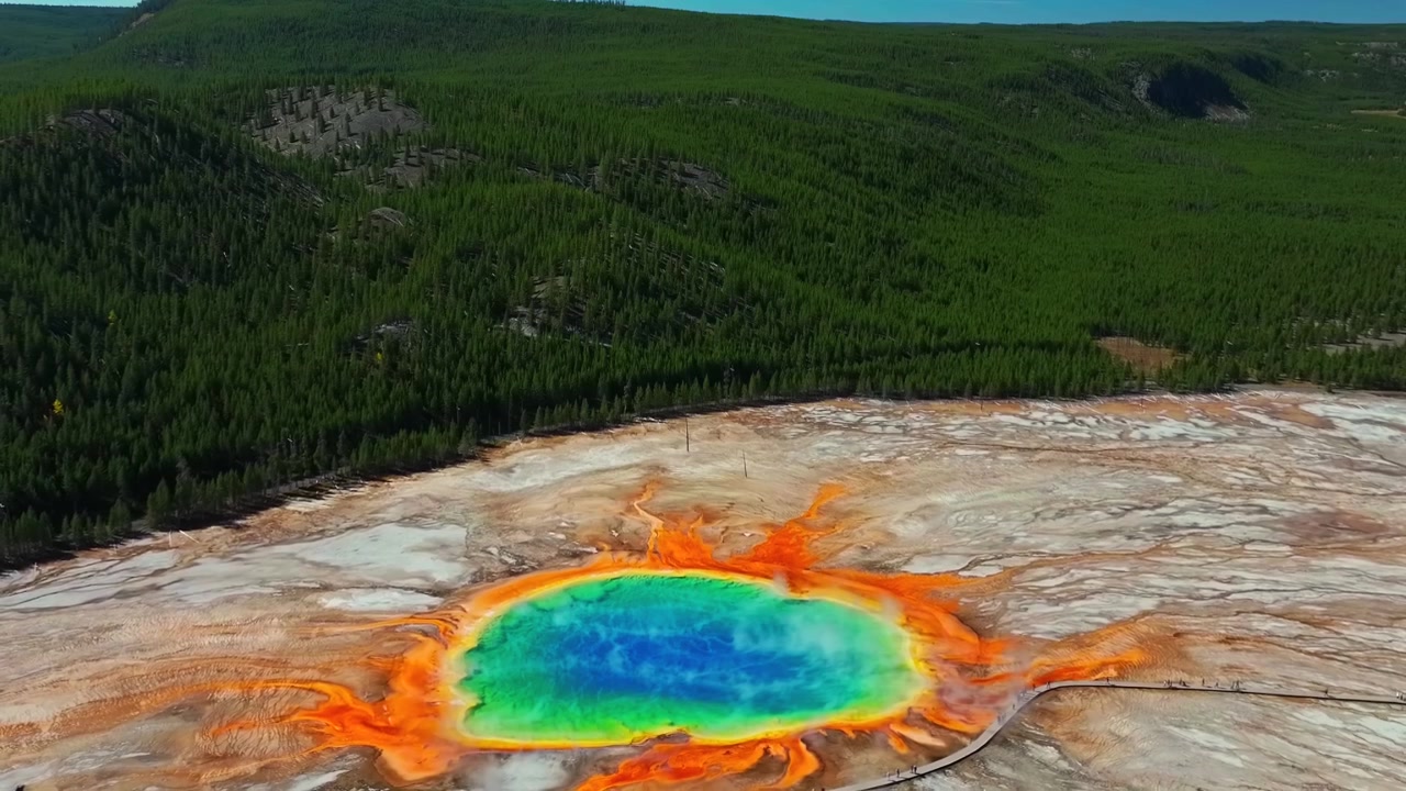 Luftfoto fra drone av naturlandskapet ved Grand Prismatic Springs utsiktspunkt, Mid Geyser Basin, langs gangveien til Fairy Falls-stien i Yellowstone nasjonalpark, Wyoming. Solrik morgen med blå himmel og fargerike varme kilder/bassenger.