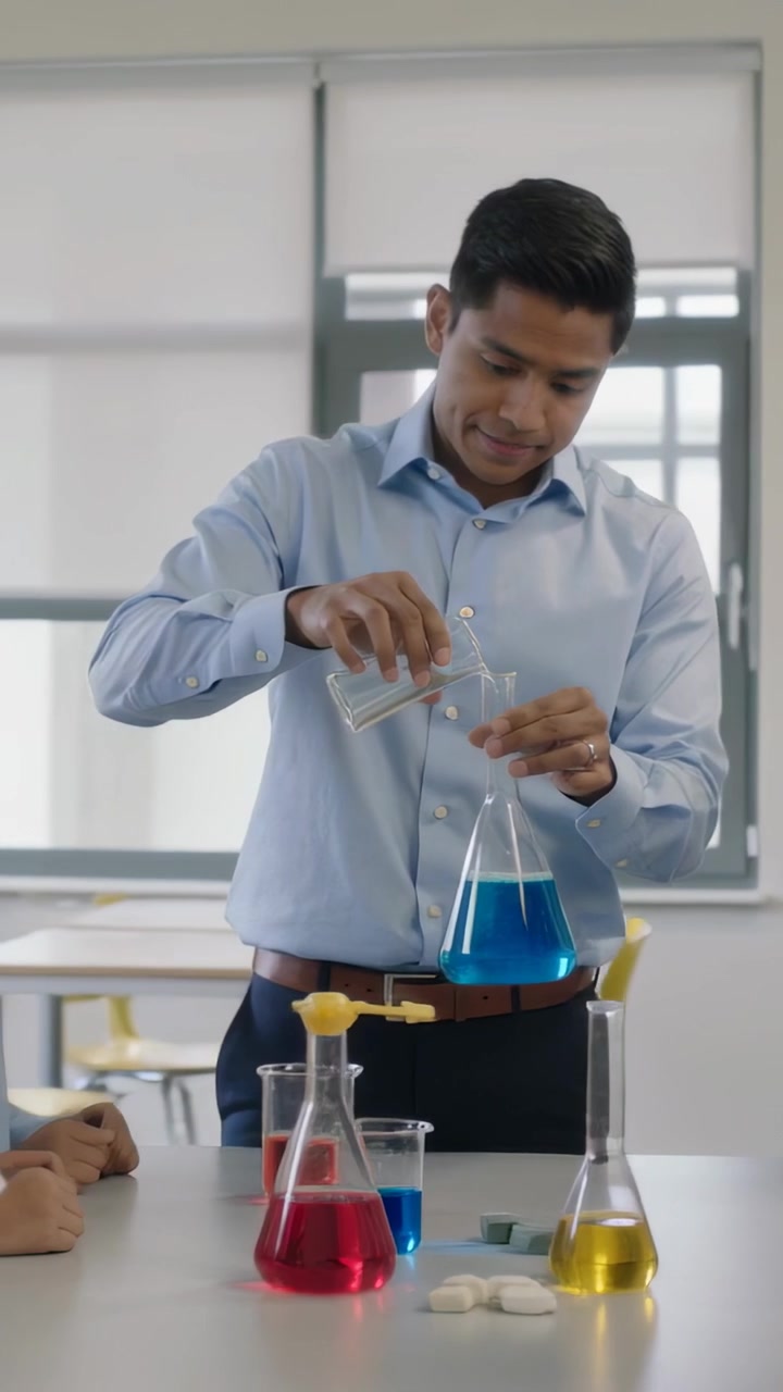 Vertikal video: Lærer i blå skjorte løfter bægerglas og hælder i en blå kolbe i et laboratorium, der underviser børn