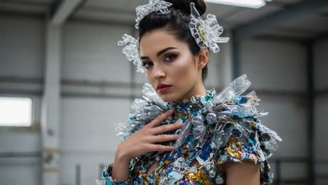 a stunning model showcasing an innovative fashion design made from recycled materials, highlighting sustainability and creativity in modern couture
