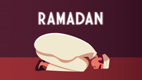 ramadan kareem lettering animation with muslim man praying character