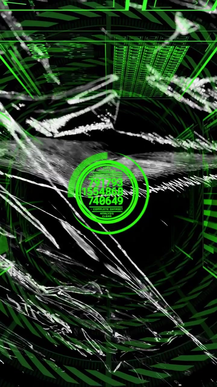 Vertical video: On startup pulse, neon green HUD growing, rings spinning, numbers cycling to scan
