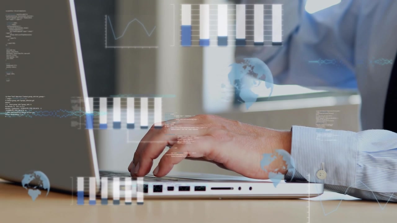 Animation of data processing over caucasian man using laptop