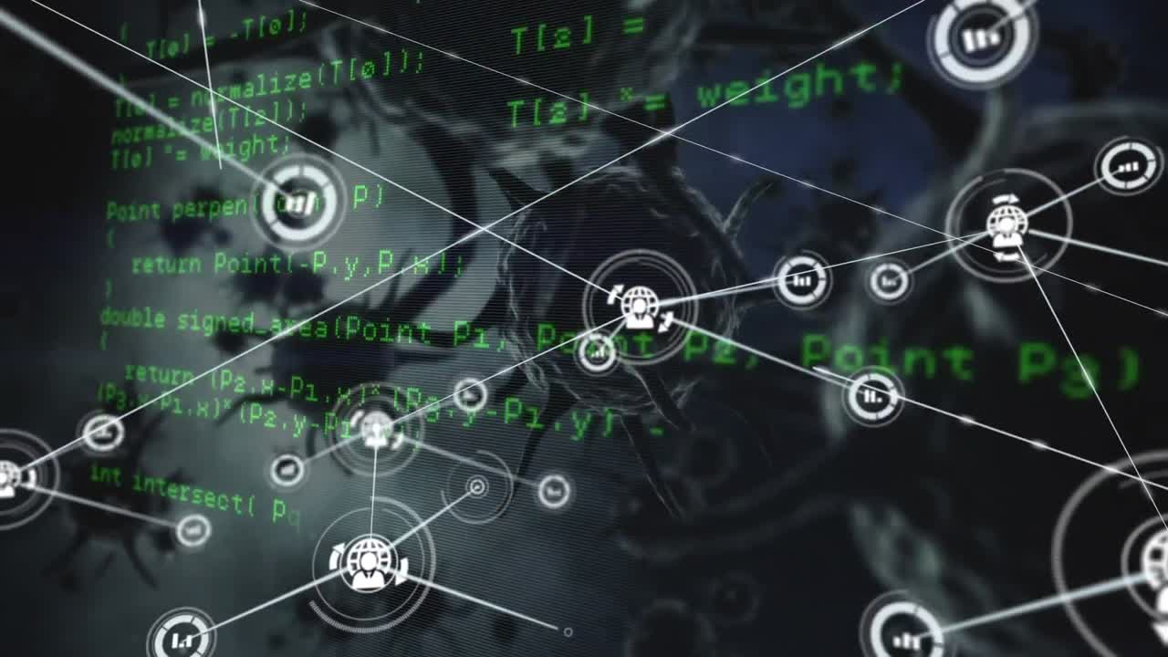 animación de la red de conexiones y procesamiento de datos sobre células covid sobre fondo negro