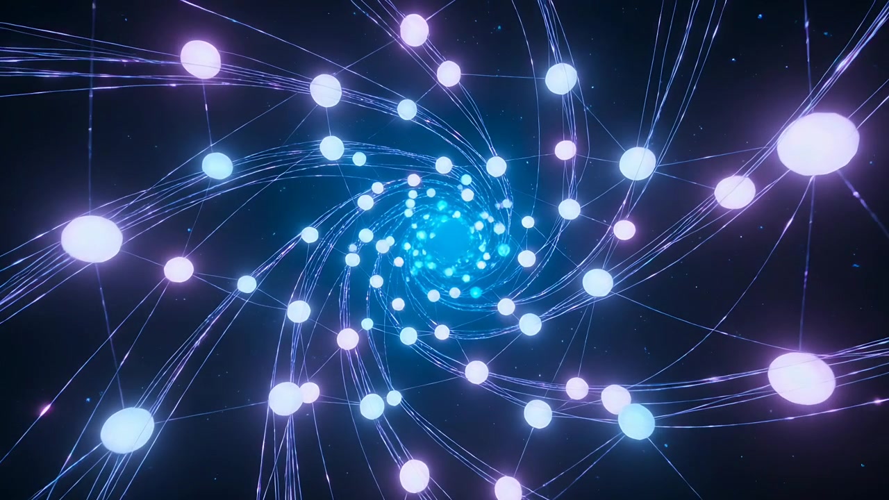Rotating luminous spiral of cyan purple nodes drifting toward core in starscape, filaments trailing