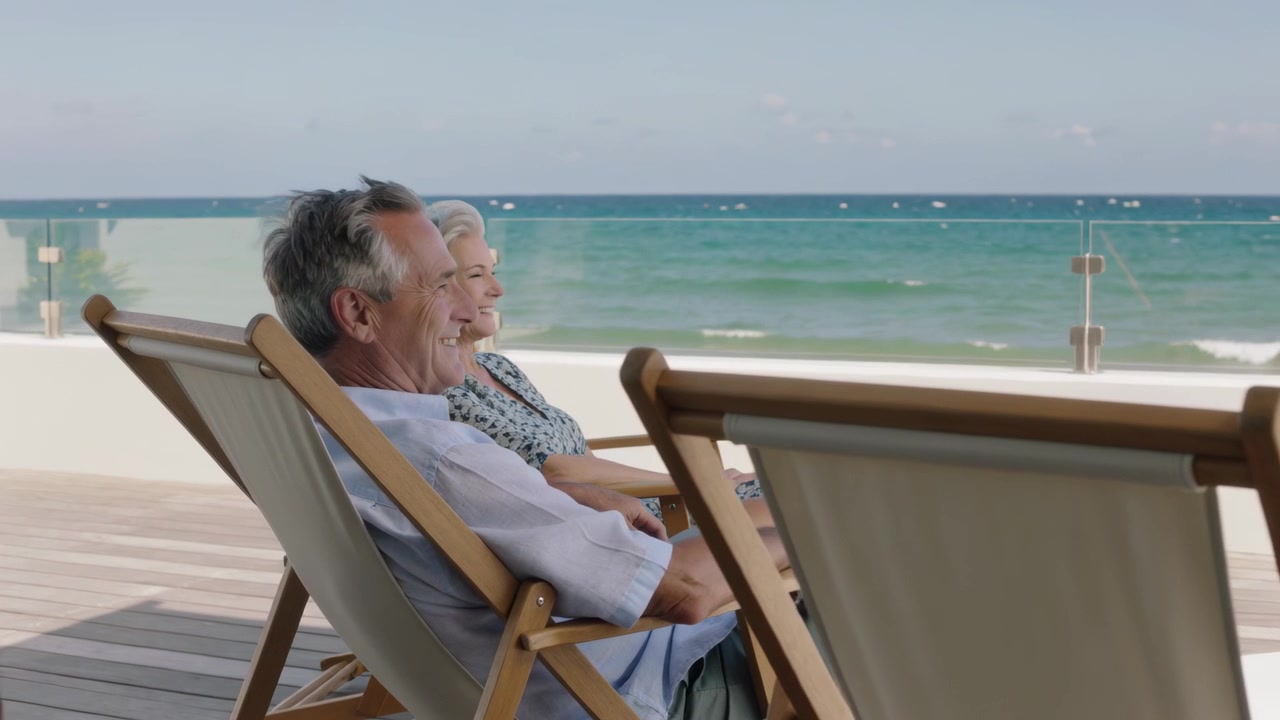 Pareja de ancianos sentada en sillas de madera en una terraza frente al mar, contemplando el océano, con la cámara paneando y espacio para texto.