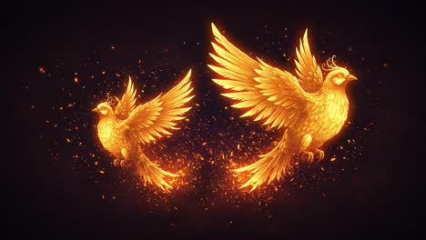 a stunning transformation of two golden birds soaring through a mystical glow, leaving behind trails of sparkling embers, symbolizing freedom and beauty
