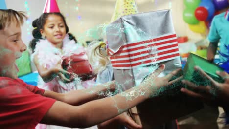 Animation-of-digital-brain-over-diverse-children-with-presents-at-birthday-party