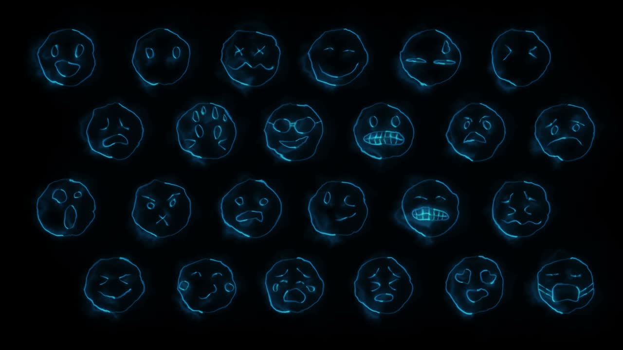 24개의 이모티콘 얼굴의 동적 반임 효과 세트, 네온 감정 표시, 루프