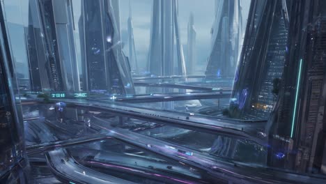 futuristic cityscape with elevated highways and modern architecture