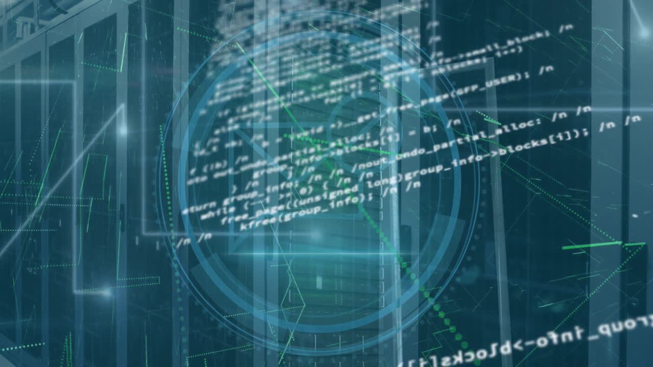Animation of digital data processing and digital interface and grid over blue background