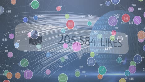 Animation-of-speech-bubble-with-likes-and-numbers,-digital-icons-over-globe-with-binary-coding