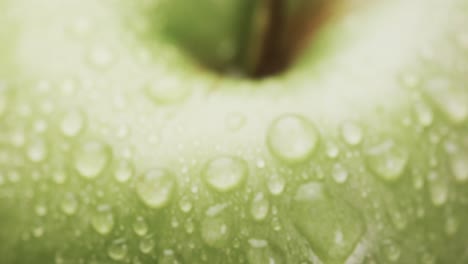 micro video of close up of green apple with water drops and copy space