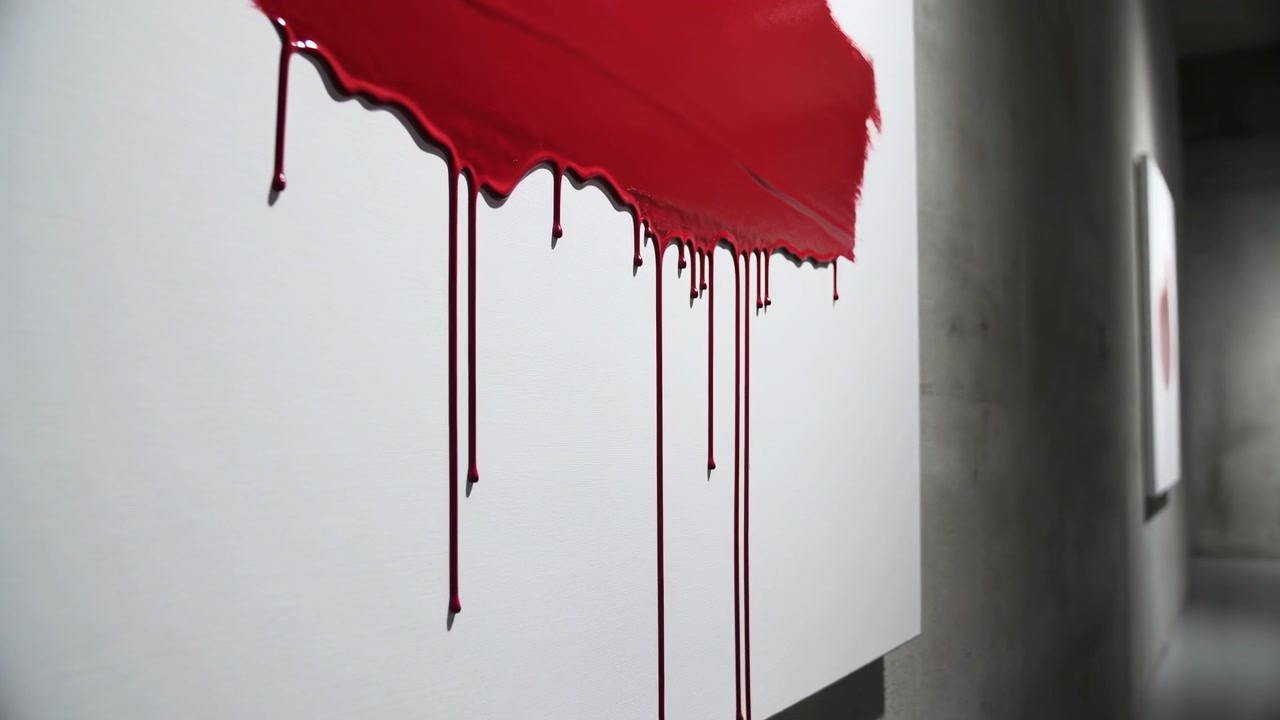 Tight view of a white gallery wall panel with thick red paint smeared and dripping in long vertical streaks. A second painted panel is visible on the right