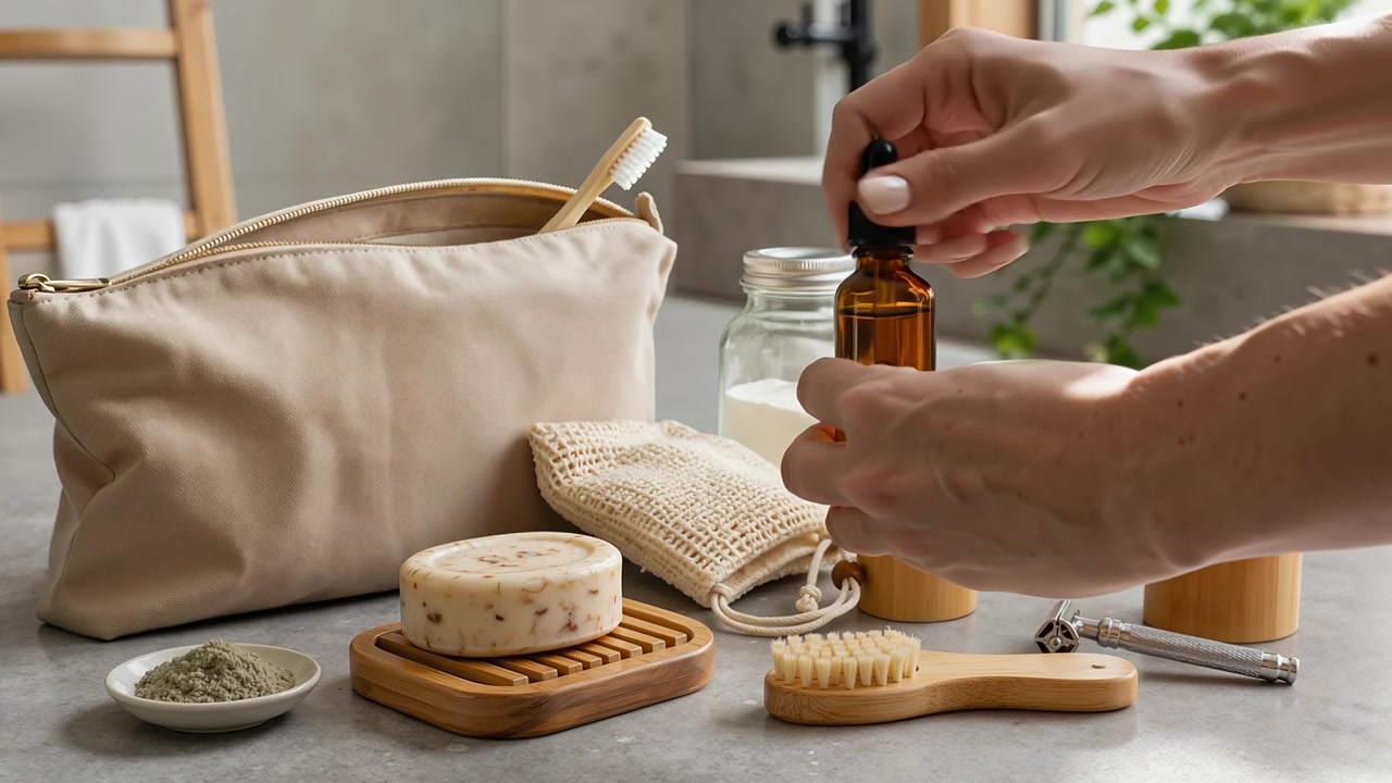 Primo piano di articoli per la cura personale ecologici e una trousse beige su un ripiano del bagno