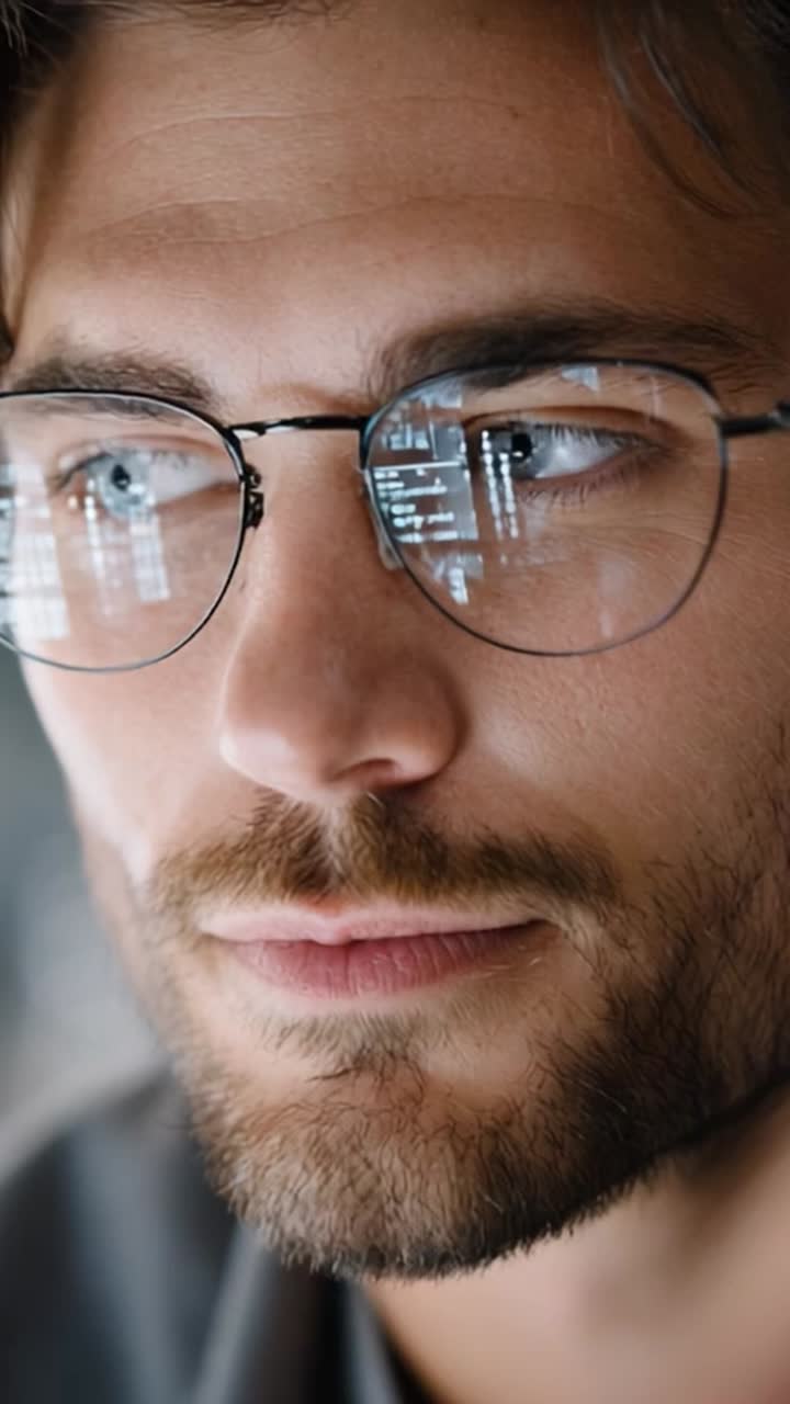 Close-up of a thoughtful young man with glasses, reflecting digital information in the lenses, conveying a sense of contemplation and modern technology engagement