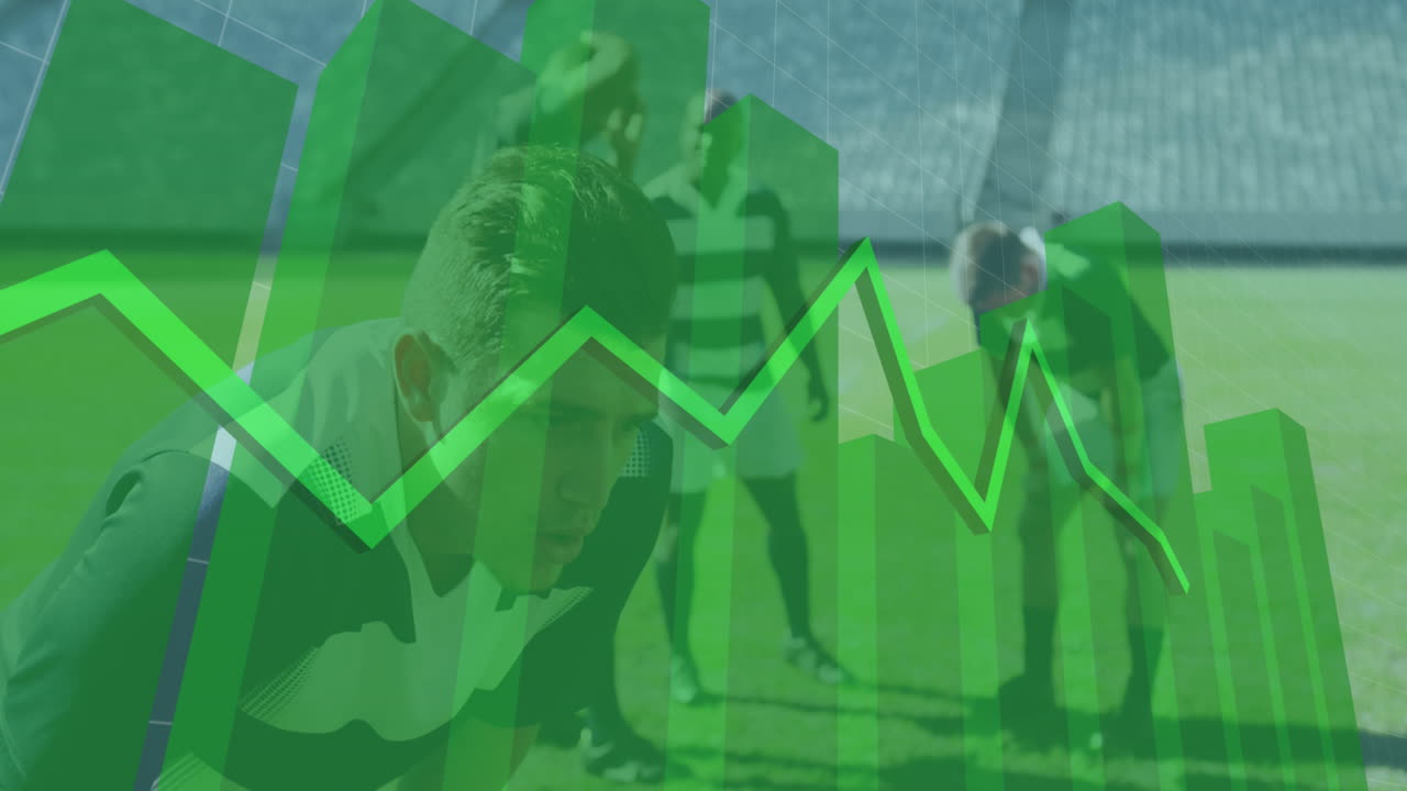 animación de un gráfico verde que se forma con una cuadrícula sobre un equipo de rugby multiétnico de pie en un campo