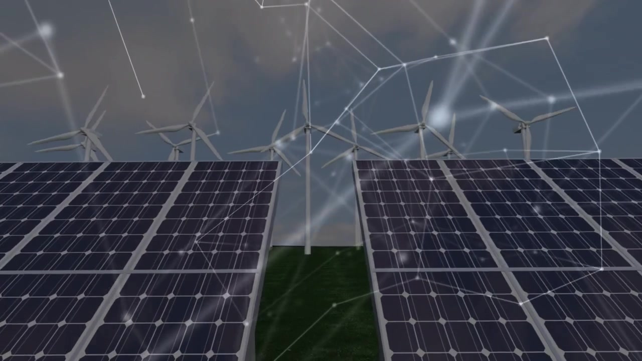 Animazione di connessioni su pannelli solari e turbine eoliche