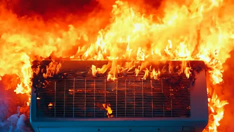 a burning air conditioner on fire in a dark room