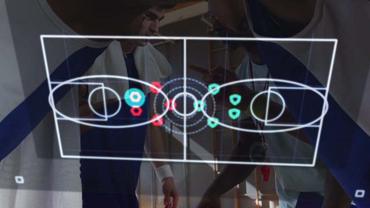 Fading overlay leading coach tapping clipboard, tracing court at gym, players in jerseys planning
