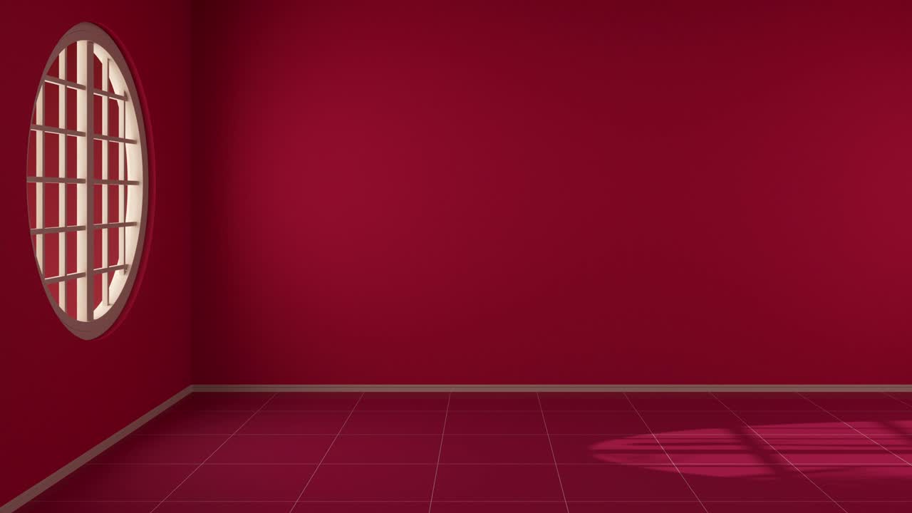 3d 렌더링으로 둥근 창을 가진 빈 방에서 시간이 지나갑니다.