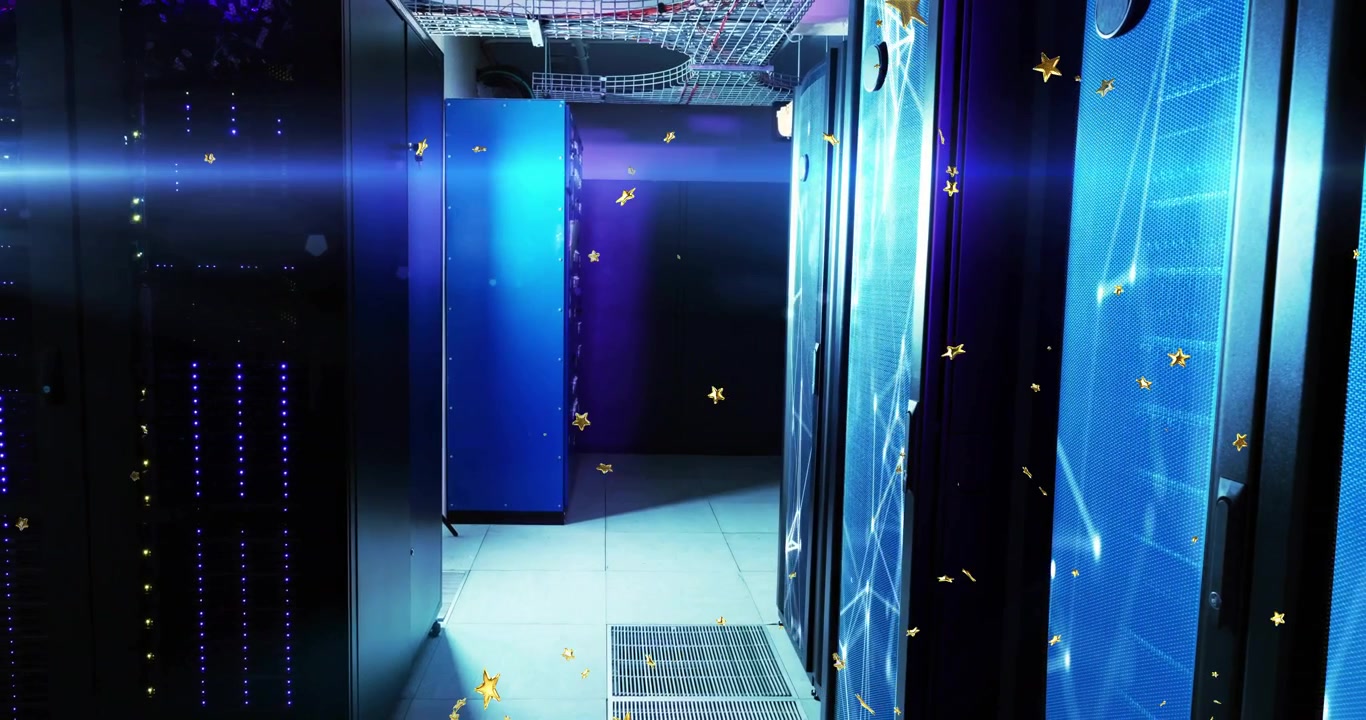 Golden star particles appearing atop blue-lit racks, drifting and twirling, visualizing data flow