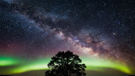 Milky Way and Aurora over a Silhouetted Tree