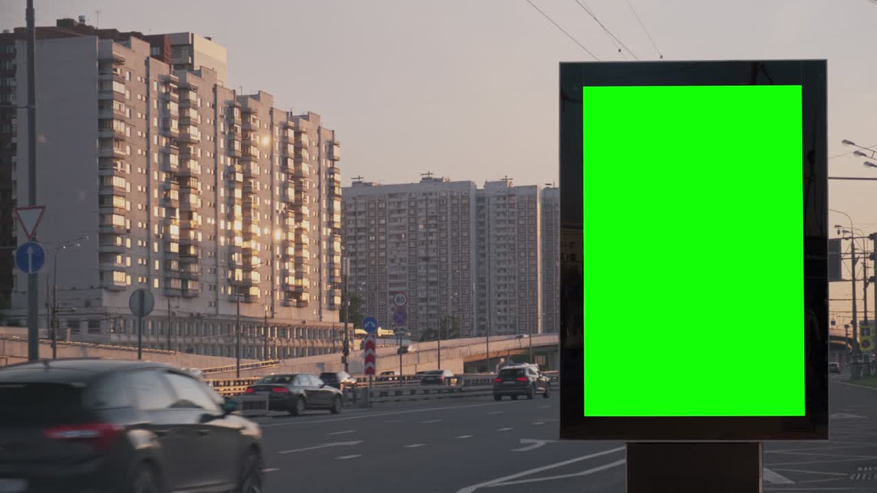 Green screen billboard for mock up on a roadside, Moscow, Russia