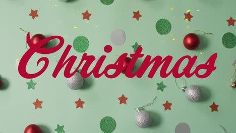 Animation-of-christmas-greetings-text-over-yellow-light-trails-and-christmas-decorations