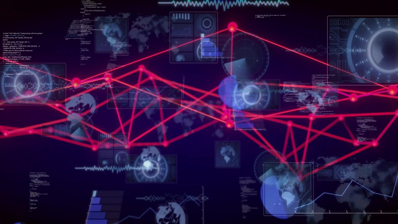 On data update neon-pink network densifying, nodes pulsing, HUD panels sliding, showing live links