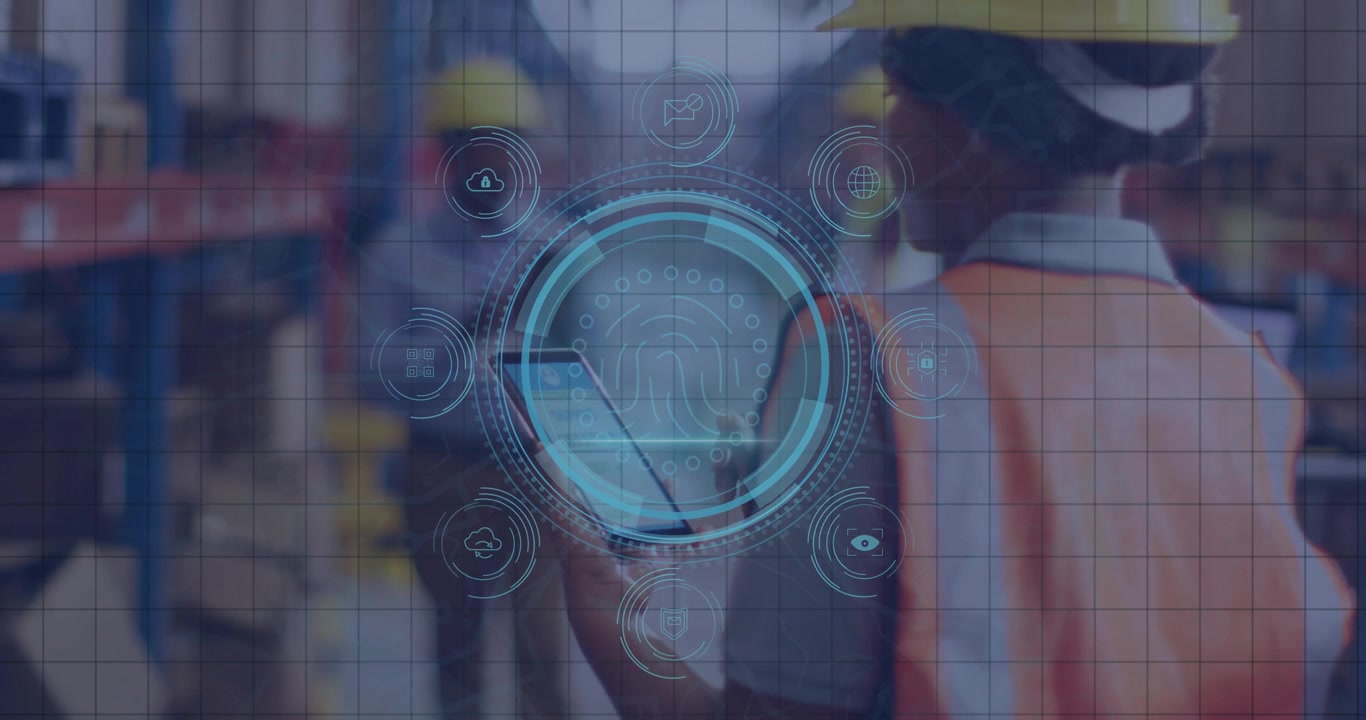 Warehouse technician tapping smartphone activating holographic security overlay for authentication