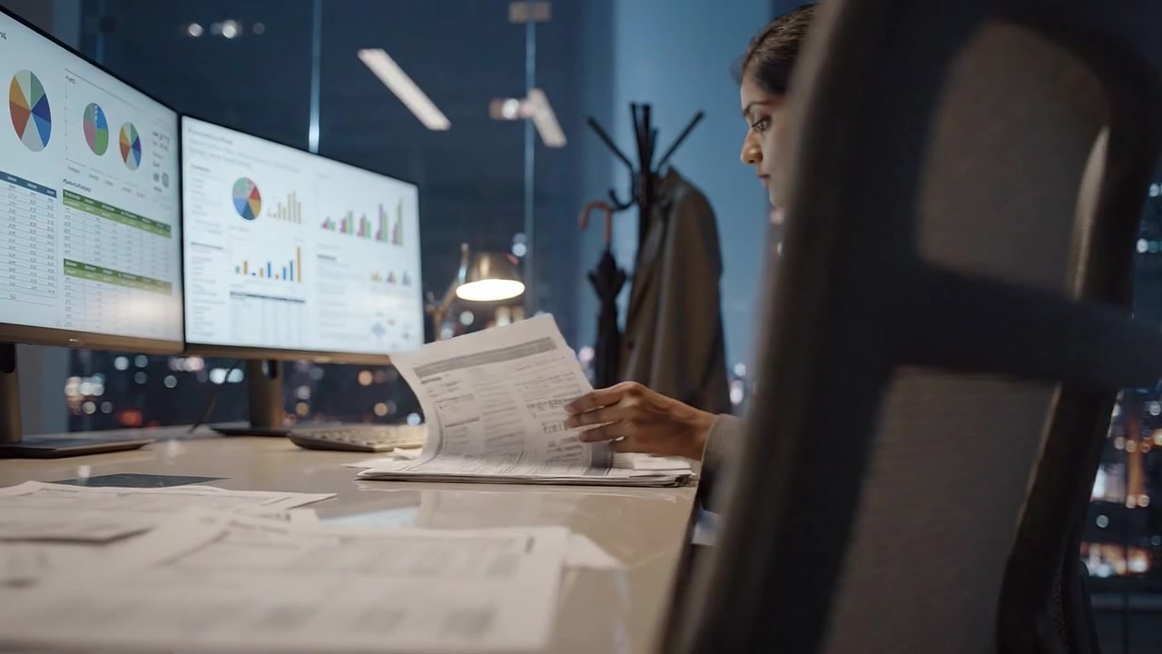 Focused businesswoman analyzing data and reports in a modern office setting at night with dual monitors displaying graphs and statistics under city lights.