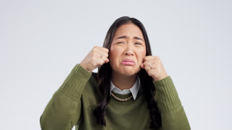 fake, crying and woman face in studio with hands